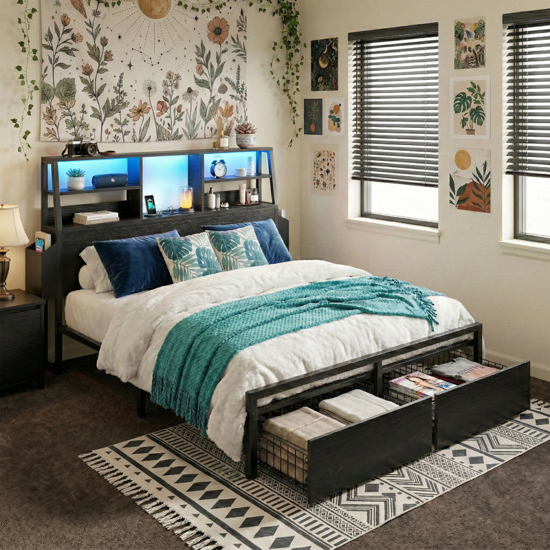 Full Platform Bed Frame with LED Bookcase Headboard & Storage Drawers, balck, F