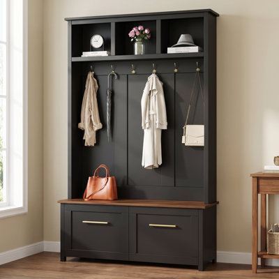Multi‑functional 4‑in‑1 coat rack with 6 gold hooks; wood‑grain bench with ample storage space; entryway coat rack with 2 drawers, perfect for living rooms & hallways, Black, 76.6" H