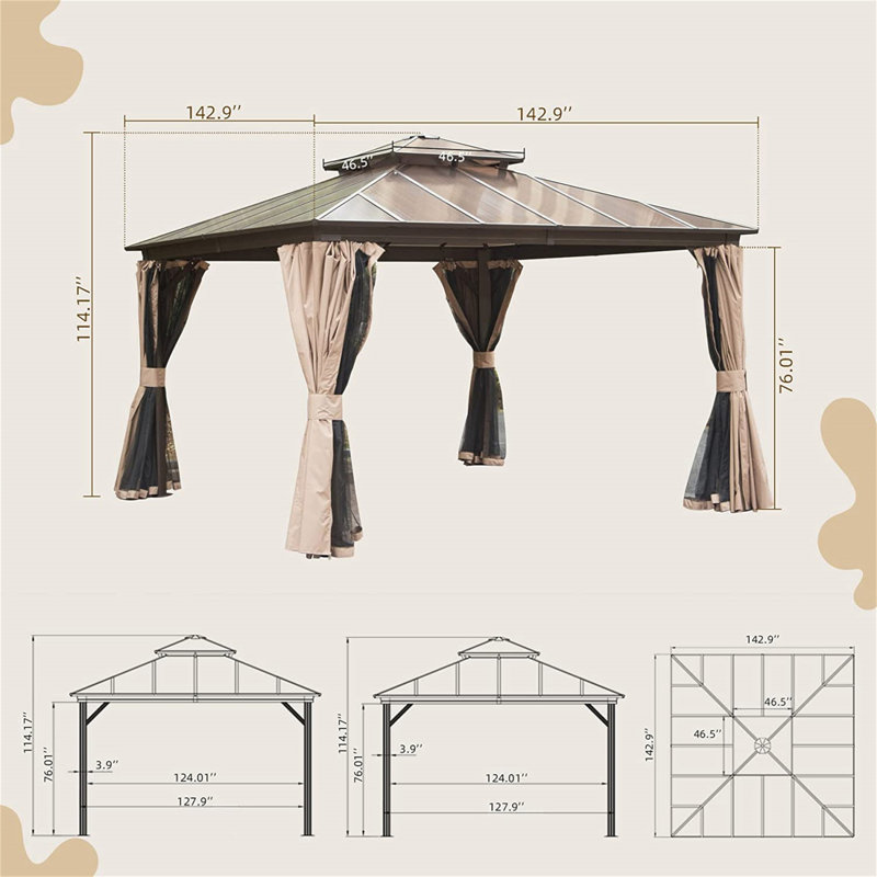 Aluminum Patio Gazebo Permanent Double Polycarbonate Roof Canopy, 12 ft x 12 ft, Brown