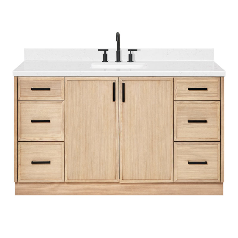 ARIEL Kelly 60 Single Sink Bathroom Vanity with Carrara Quartz Top, Oak, Rectangular, 60"