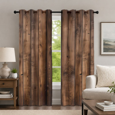 2Pcs Brown Wood-Grain Curtains, Rustic Style Drape, Vintage Log Plank Pattern Printed Art Grommet Drapes, Window Treatment for Bedroom Living Room Decor