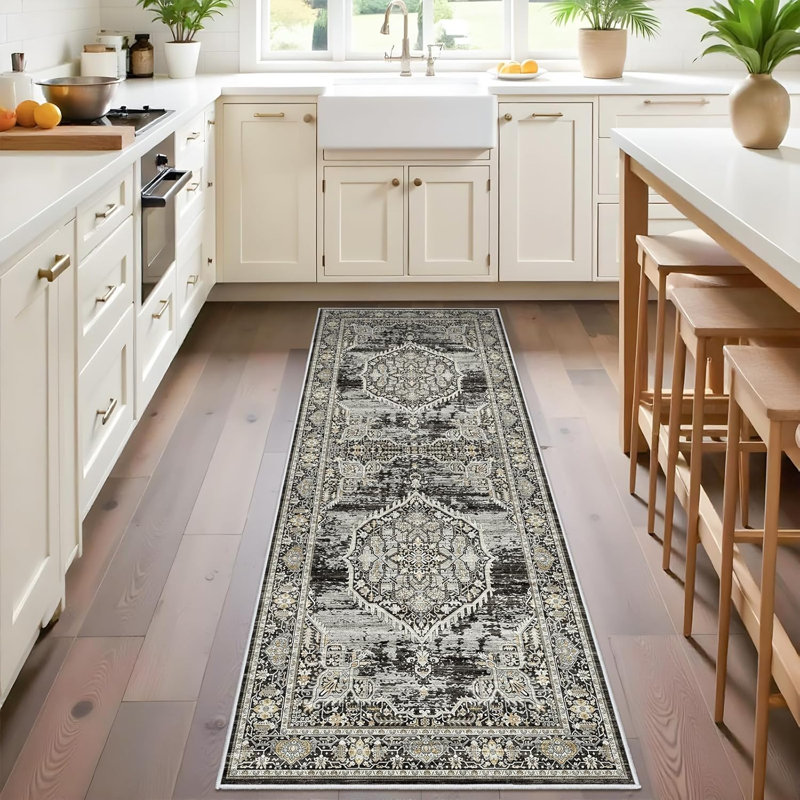Washable Entryway Rug: Farmhouse Kitchen Hallway Rug Wide Soft Water Resistant Floor Mat for Bathroom Nursery Non Slip Indoor Carpet for Living Room Bedroom Dining Room(Black)