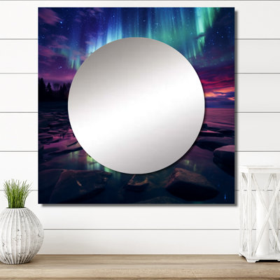 Magical Aurora Borealis Artic Lake Serenity II - Northern Lights Square Mirror For Wall Art Decor