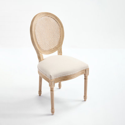 Beige Upholstered French Country Dining Chairs Of 2, Natural Net Back, Solid - Wood Base, Cotton Linen Material, Disassemblable, Wire Drawing And Elements Style With Wood Frame, Upholstery,
