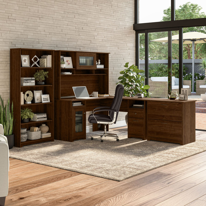 Shelonda 4 Piece Computer Desk Office Set, Modern Walnut