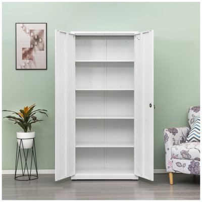 White Lockable Metal Tall Storage Cabinet with 5 Adjustable Shelf Spaces, Office File Cabinet