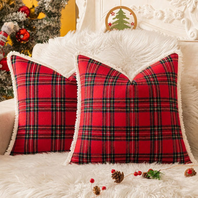 18 x 18 Inch Christmas Plaid Pillow Covers with Trim