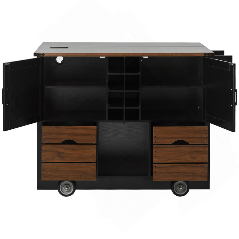 54" Farmhouse Kitchen Island With Drop Leaf, Power Outlet, Kitchen Storage Cart With 2 Doors, 2 Drawers, Rolling Kitchen Island On 4 Large Wheels With Spice Rack For Kitchen, Dining Room, Black