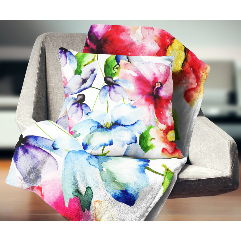 Aquarelle fleurs partout - coussin abstrait imprimé, 18 po x 18 po, Coussin décoratif