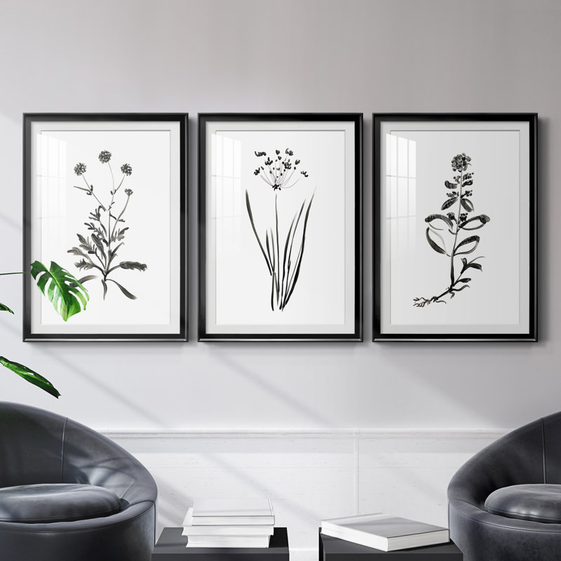 Inky Botanical I - ensemble de 3 reproductions d'art graphique, H 30,5 po x l 127,5 po x P 1,5 po, Cadre noir