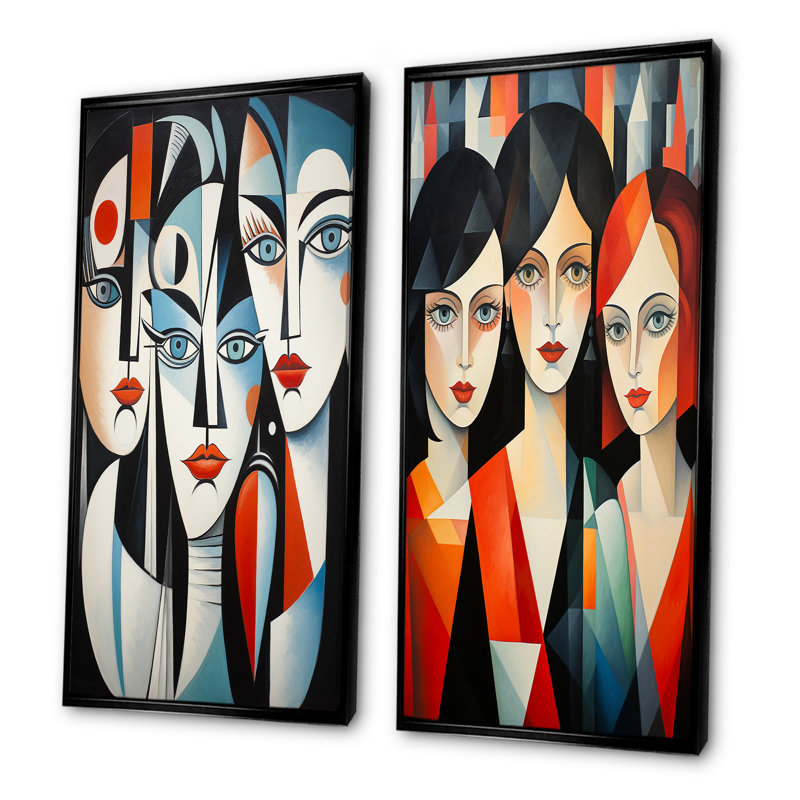 Demoiselles D Avignon Cubic Remake IV - femme, art mural sur toile, ensemble de 2, Cadre flottant noir, H 40 po x l 41 po