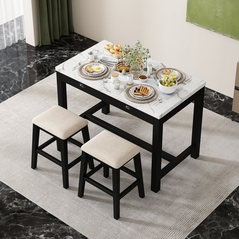 Modern Bar Dining Table Set With Storage Drawers And Padded Stools, Black