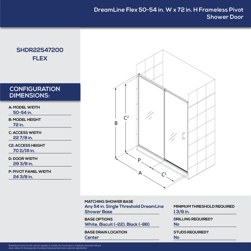 Flex 50-54" W 72" H Brushed Nickel Semi-Frameless Shower Door