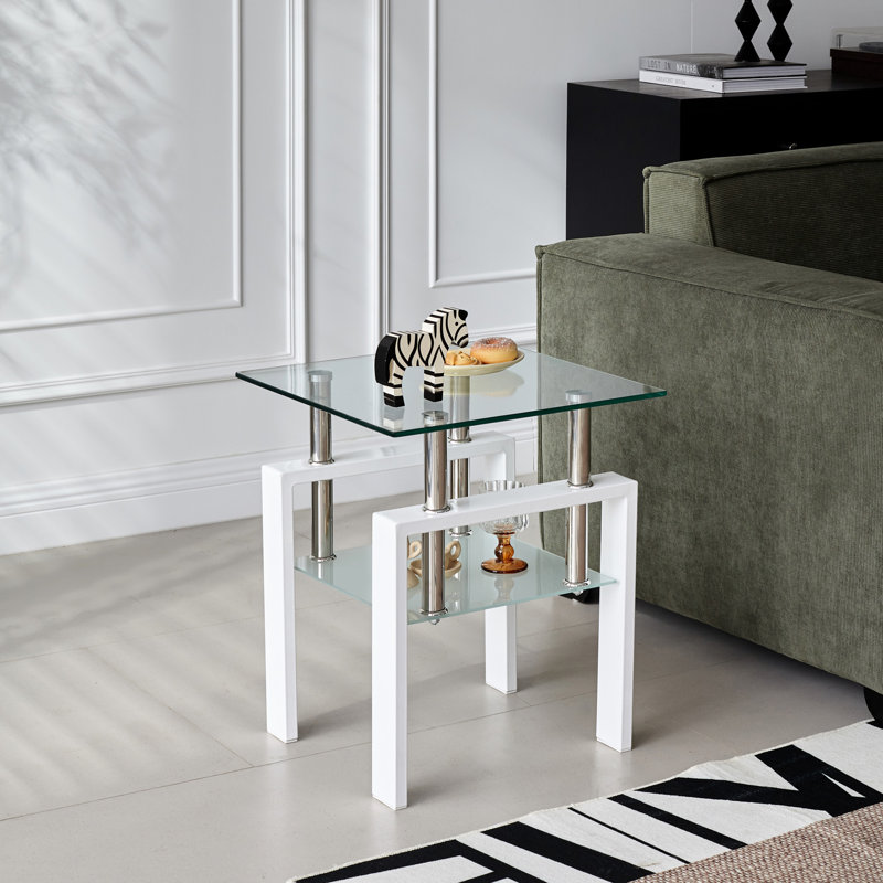 Table d'appoint en verre trempé transparent, 2 espaces de rangement pour un salon confortable, un incontournable