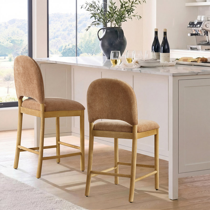 Paterson Curved-Back Armless Fabric & Counter Stool with Solid Wood Frame, Camel, 2