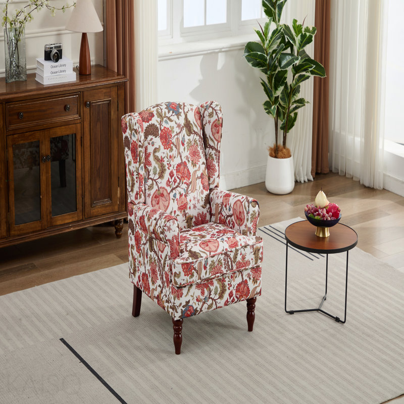 Fauteuil d'appoint de style moderne idéal pour les patios extérieurs avec pieds en bois rétro, fauteuil d'appoint confortable enveloppé dans un tissu, fauteuil d'appoint individuel à motif floral