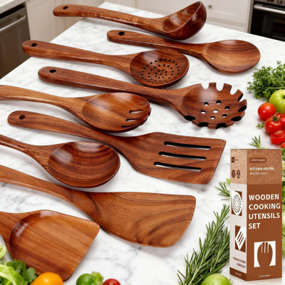 Teak Wood Spoons Set Of 9, Nonstick Safe Kitchen Utensils, Natural Wooden Spatula And Spoon Collection For Cooking, Stirring, Serving