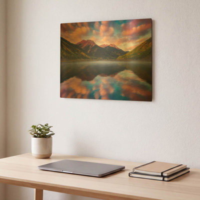«Red Mountain Reflections» par Darren, art mural en métal doré blanc, 16 po x 12 po