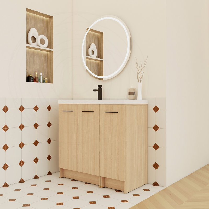 Meuble-lavabo autoportant modulaire 36 po avec plateau en résine chêne clair, Gauche