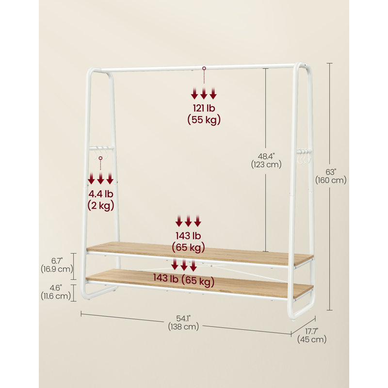 Clothes Rail, Clothes Rack With 2 Shelves, 6 S-Shaped Hooks, Steel Frame, For Bedroom, White