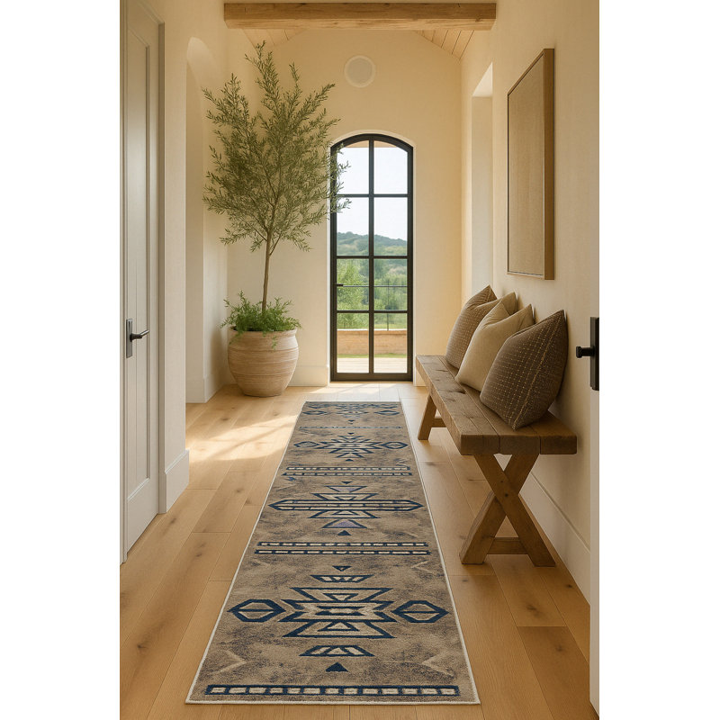 Tapis de couloir intérieur / extérieur bleu / beige 2 pi x 8 pi (2 pi 3 po x 8 pi) Nava de Tapis Branch