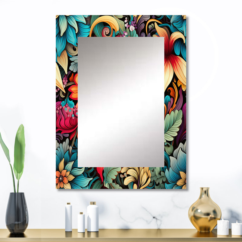 Veras Tropical Tapestries Boho Pattern - Floral Large Wall Mirror, Cottage Decorative Mirror, Printed Metal Art, 32" x 24"
