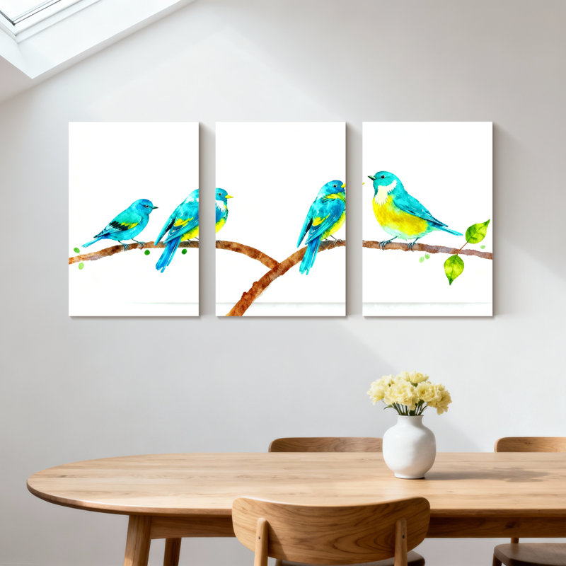 «Birds Four Blue Birds on Branch With Leaves», ensemble de 3 impressions d'art sur toile, H 24 po x l 48 po