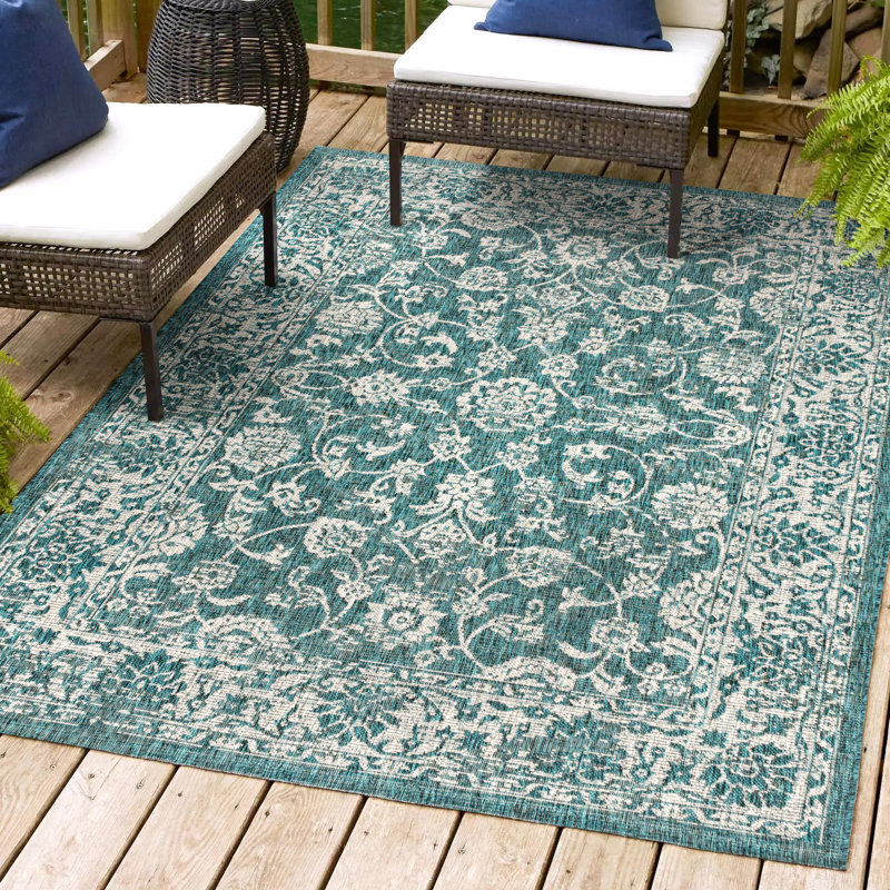 Leonora Bohemian Textured Weave Floral Teal/Gray Indoor/Outdoor Rug, Rectangle 7'9" x 10'