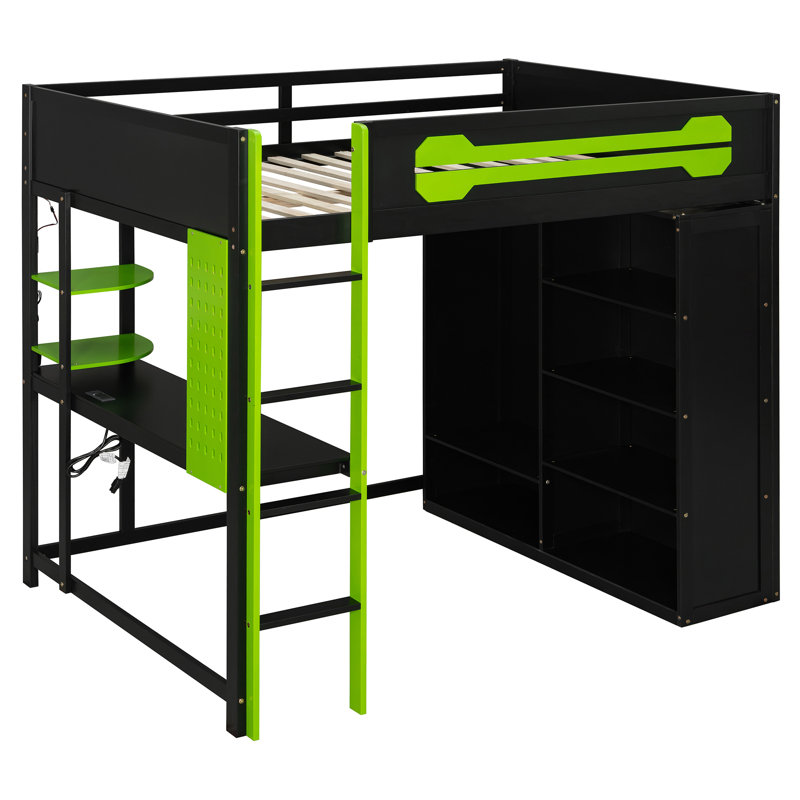 Lit mezzanine double en bois avec bureau, garde-robe ouverte et éclairage RVB, lit multifonctionnel pour enfants et adolescents, vert
