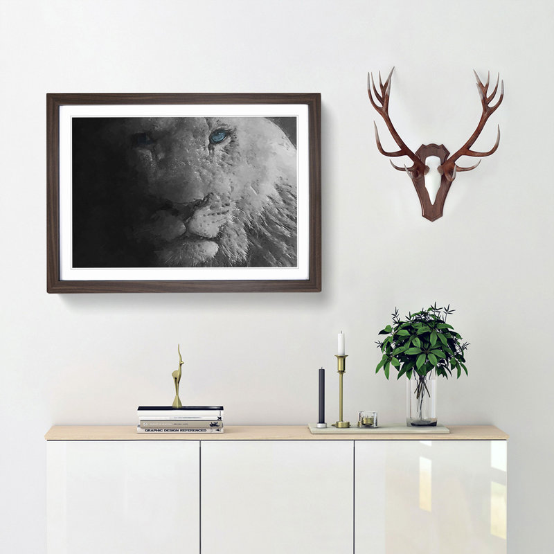 Teal Blue Eyes of a Lion in Abstract - Framed Print, 27cm H x 36cm W x 2cm D, Walnut Framed