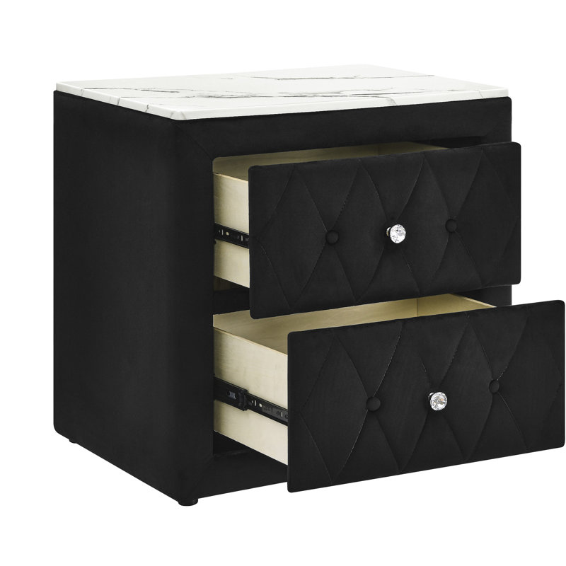 1Pc Black Modern Nightstand With Faux Marble Top, Button - Fabric And Two Storage Drawers For Bedroom Regalness Rectangle Featuring Upholstery Fashion