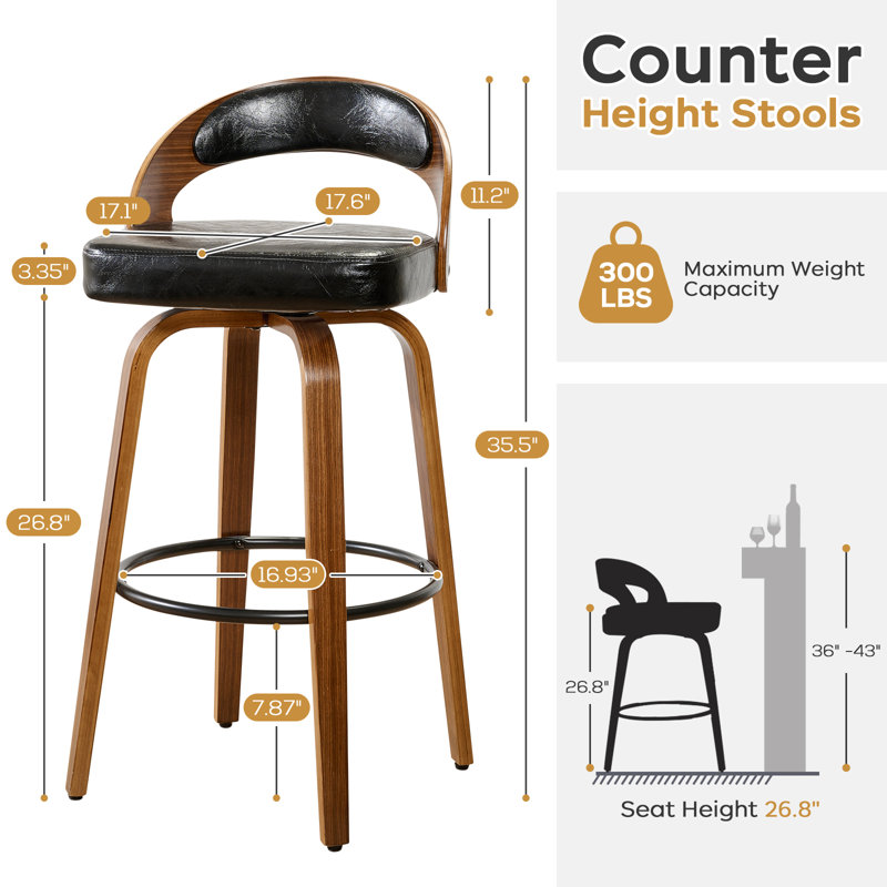 Swivel Bar Stools, 26.8'' Upholstered Counter Stool with Wood Back