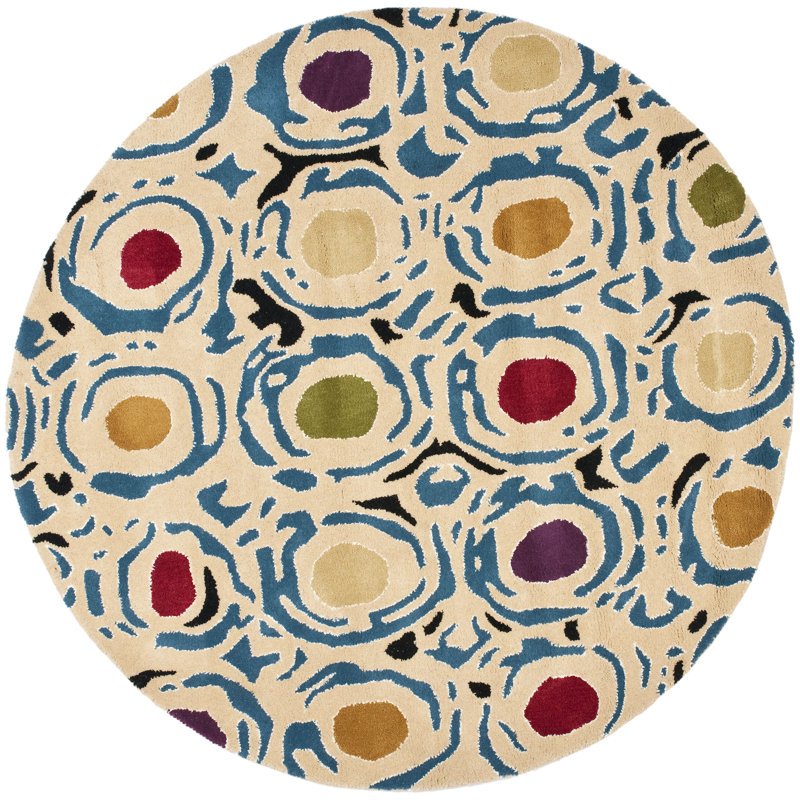 Tapis géométrique en laine et en viscose touffeté à la main Candelo, Rond 6 pi