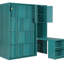 Lit simple bleu sarcelle rotatif avec bibliothèque intégrée, rangement pour armoire supérieure, bureau escamotable et unités de rangement latérales intégrées au mur, espace peu encombrant, table de travail pliable et tablette supplémentaire