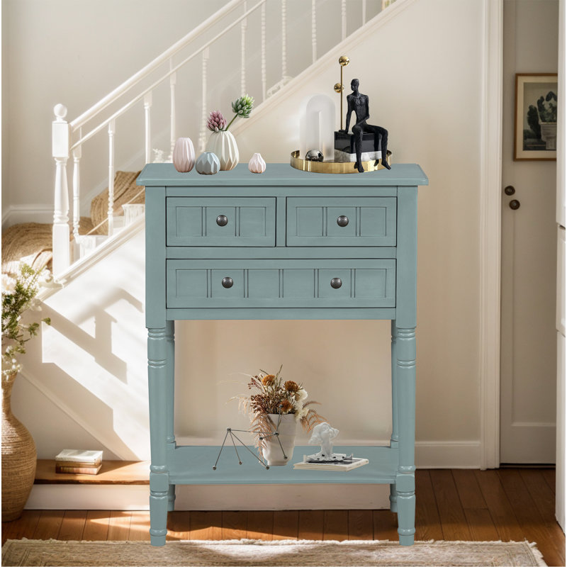 Console Table With 3 Drawers And Bottom Shelf, Light Blue