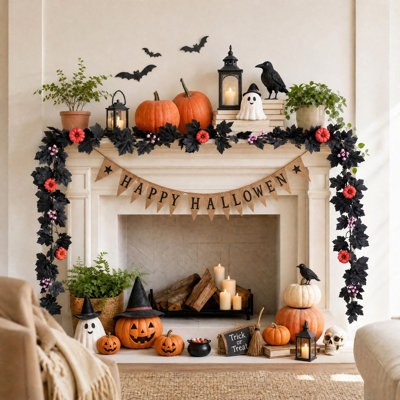 Guirlande artificielle d'Halloween de 175 cm, 2 pièces, avec feuilles d'érable noires et beiges, têtes de citrouille et araignées, décoration automnale pour porte d'entrée, mur ou cheminée.