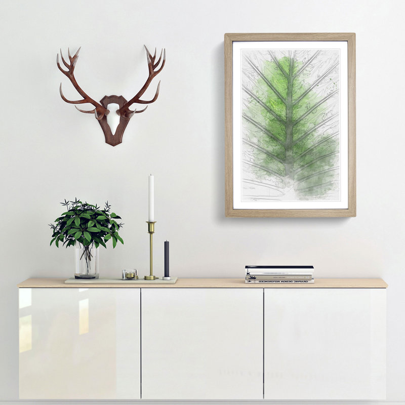 Green Leaf Lines in Abstract - Picture Frame Graphic Art Print on MDF, 87cm H x 62cm W x 2cm D, Oak Framed