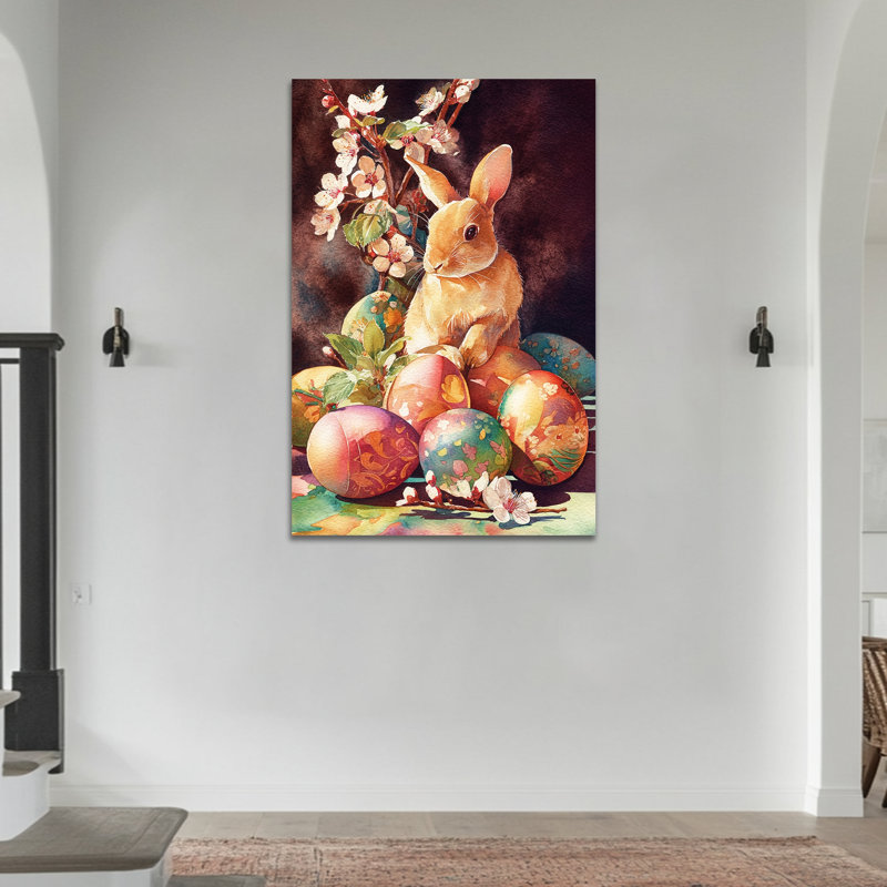  Art mural sur toile de lapin de Pâques - Décoration murale lapin de printemps vibrant avec œufs et fleurs de Pâques, pour décoration murale de Pâques et décorations saisonnières pour la maison, 24 po x 32 po