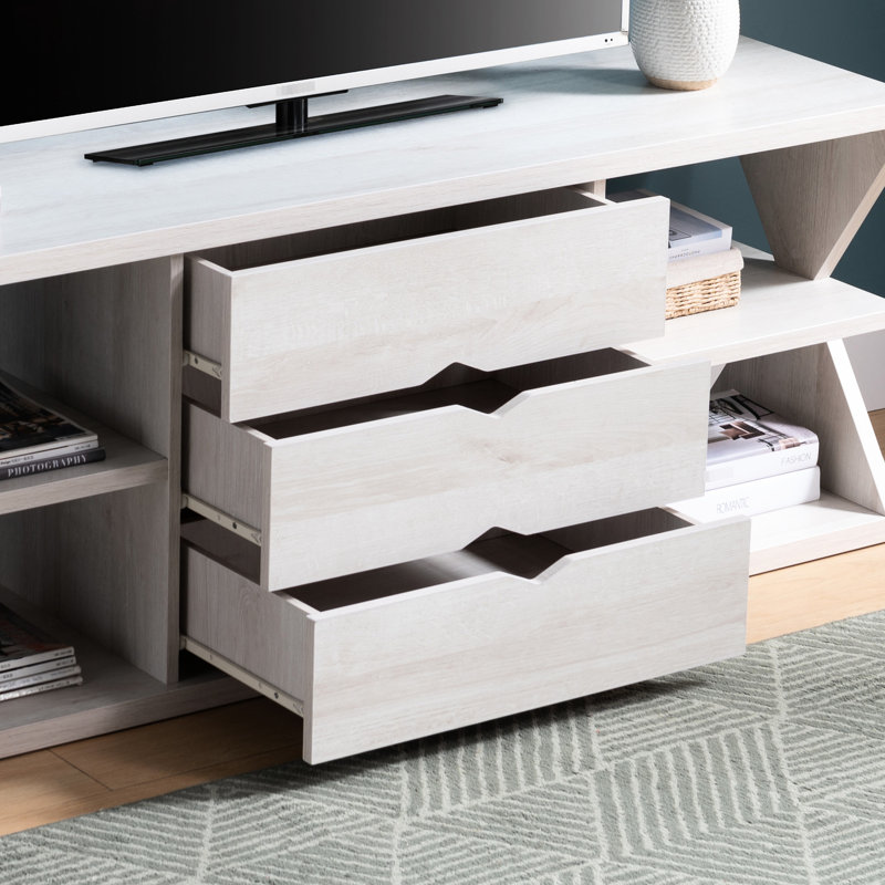 Table de télévision en chêne blanc avec quatre tablettes et trois compartiments à tiroirs