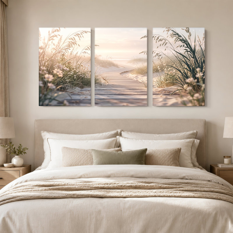 Toile en bois à travers des dunes de sable et des fleurs sauvages, ensemble de 3 toiles, 24"H x 16"W x 3pcs