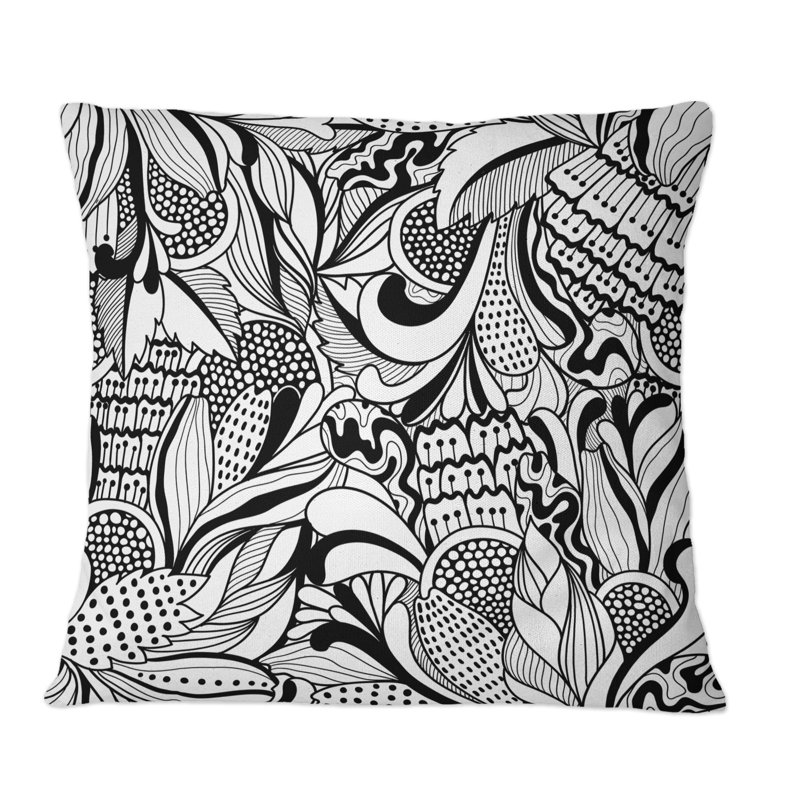 Fleurs abstraites en noir et blanc - Coussin décoratif imprimé moderne, 18 po x 18 po