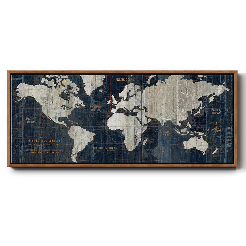" OLD WORLD MAP ", Walnut Floater Framed Canvas, 24" H x 60" W x 1.5" D