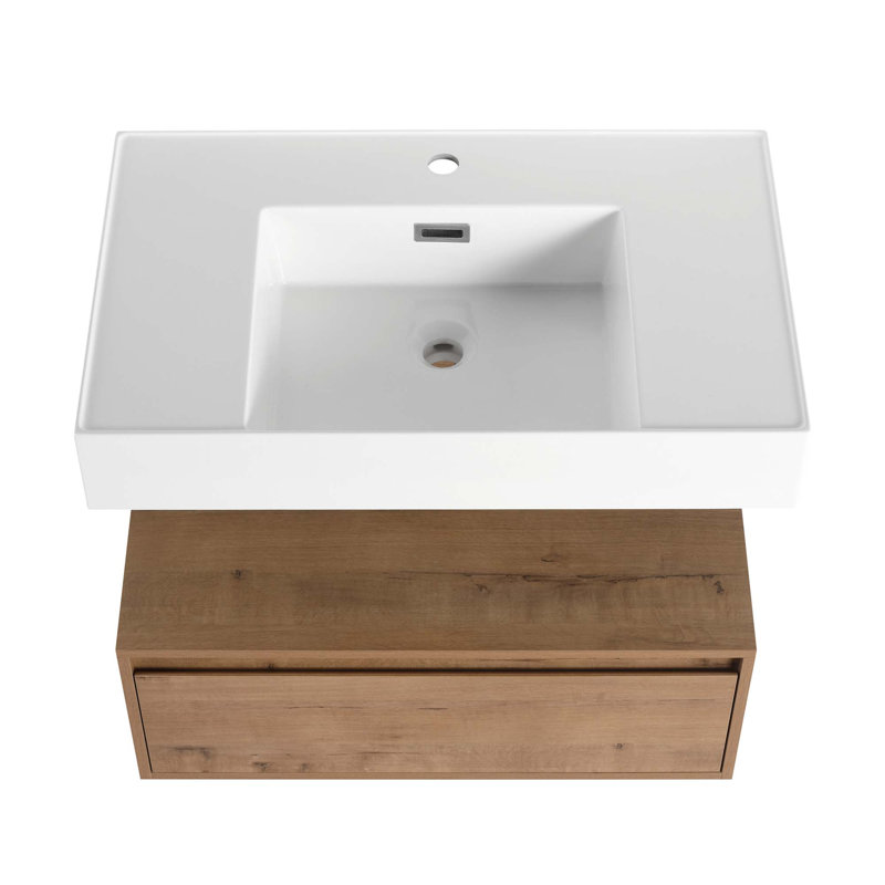 Meuble-lavabo mural de 30 po avec lavabo en résine, tiroir à fermeture en douceur et fixation à flotteur