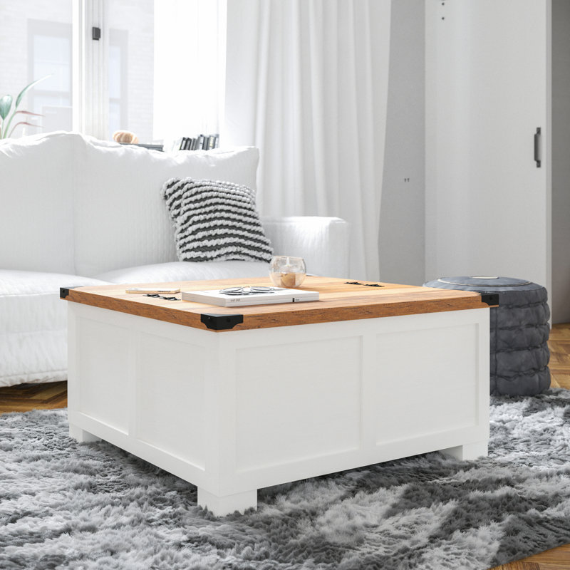 Table basse Modern Farmhouse avec plateau relevable et rangement, Chêne rustique, Blanc