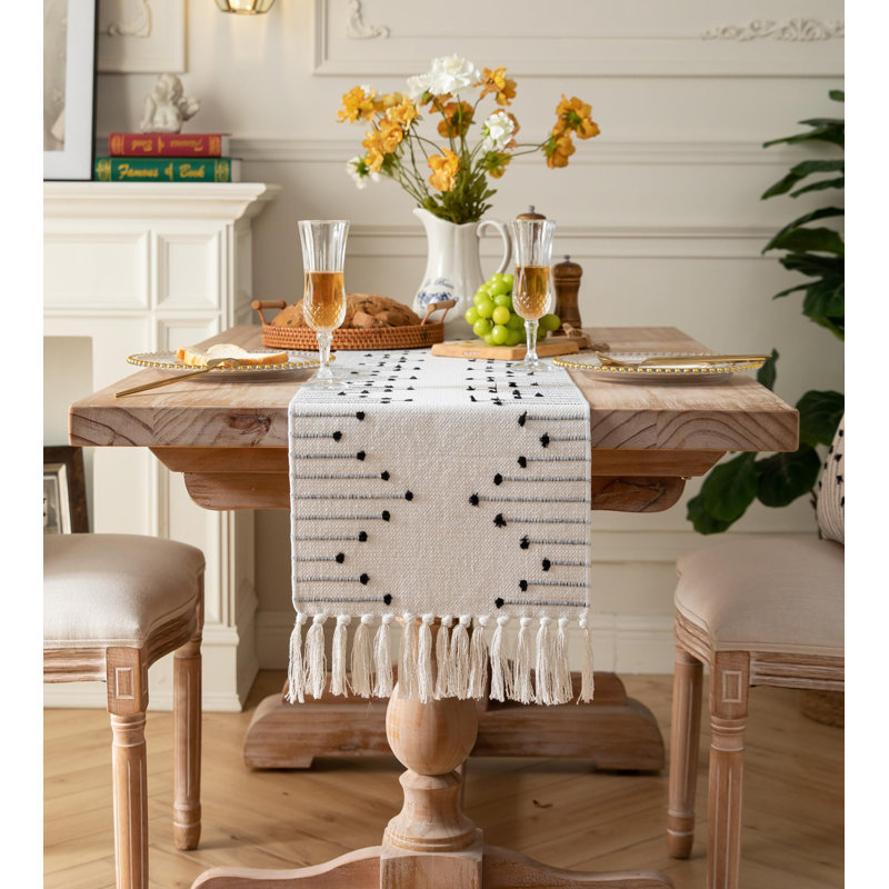 Natural Cotton Woven Table Runner with Tassels, 13 x 90 Inch