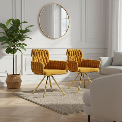 Ensemble de chaises de salle à manger rembourrées en velours moderne avec pieds en métal doré - ensemble de deux fauteuils élégants avec dossier en corde tissée pour la salle à manger, le salon ou la chambre à coucher