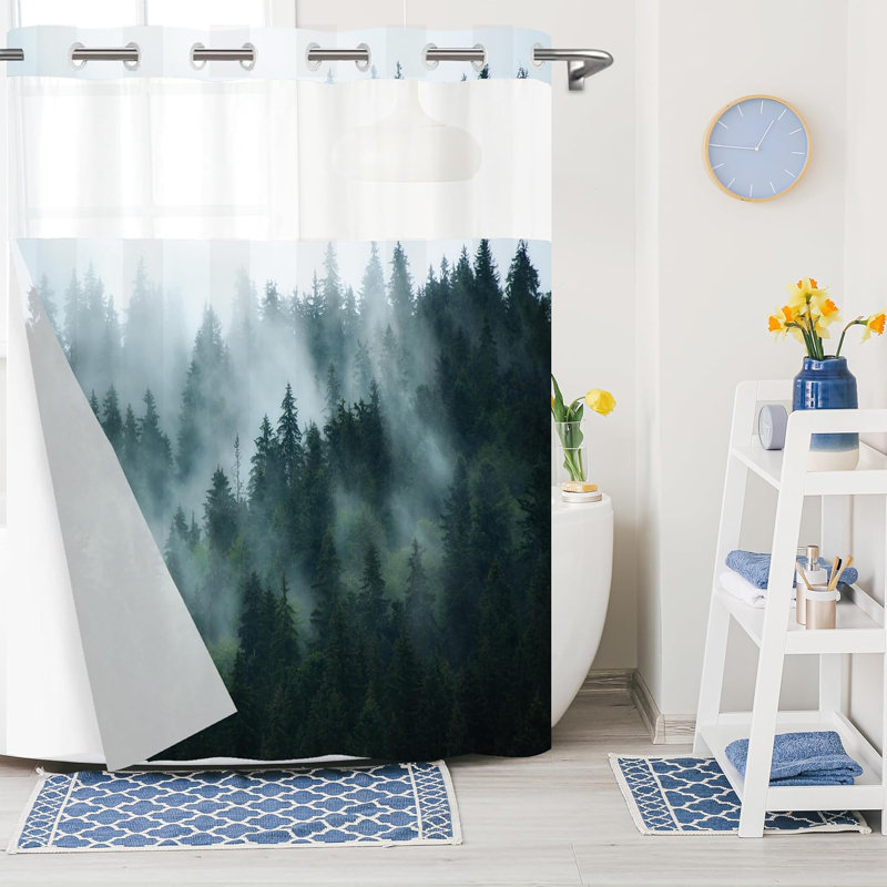 Rideau de douche sans crochet avec doublure encliquetable, tissu imperméable double couche avec fenêtre en filet, conception de paysage naturel de forêt brumeuse, installation hôtelière facile, lavable à la machine