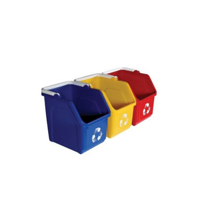 Système de recyclage multi-bacs Sturdy Essentials avec trois bacs de recyclage empilables de 6 gallons pour construire votre centre de recyclage pour les bureaux, la cuisine, les garages et les entreprises