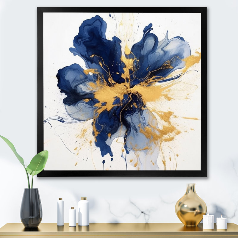 «Dark Blue and Gold Strokes I», art mural sur toile Fractals, H 36 po x l 36 po x P 1,5 po, Cadre simple noir