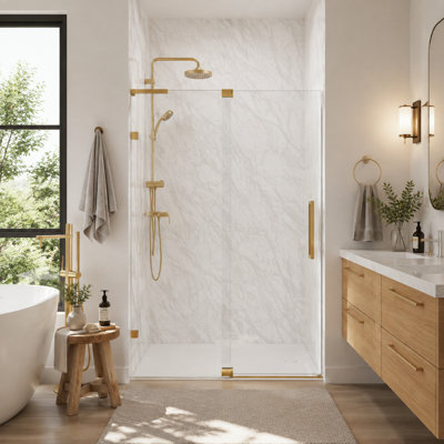 Wynnt 44-48"W x 70"H Frameless Pivot Shower Door, SGCC 5/16"(8MM) Explosion-Proof Tempered Clear Glass, Brushed-Gold Finished Hardware, Reversible Swing for Home Bathroom